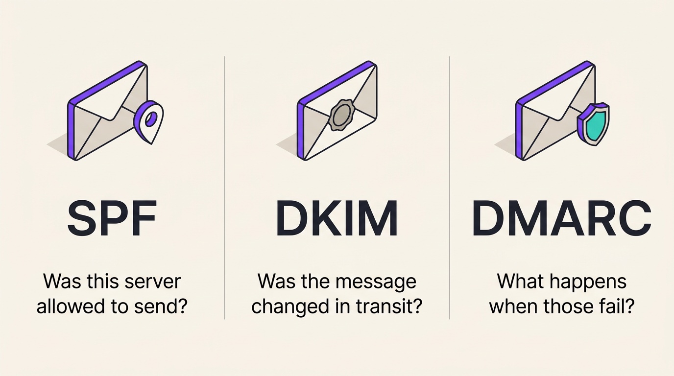The three email authentication standards and what each one answers. SPF: was this server allowed to send? DKIM: was the message changed in transit? DMARC: what happens when those fail?