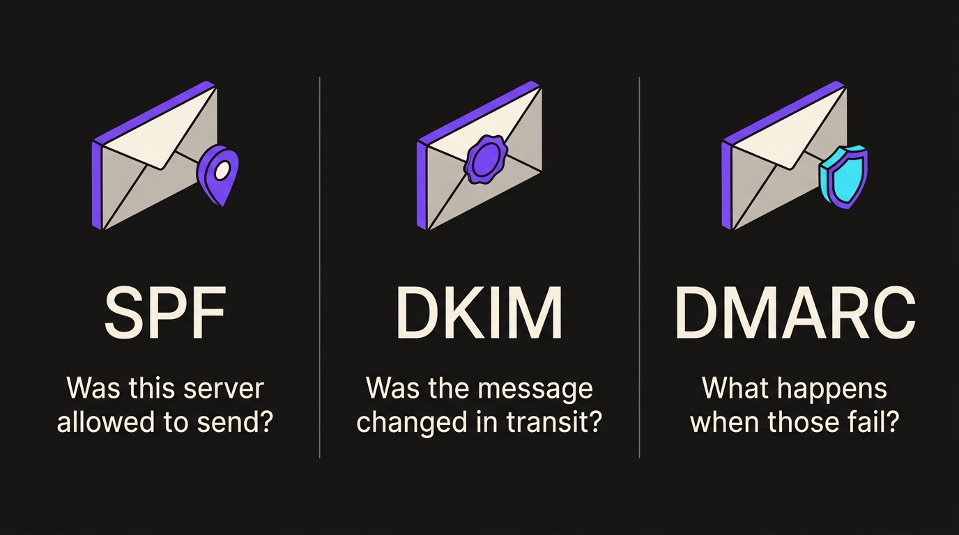 The three email authentication standards and what each one answers. SPF: was this server allowed to send? DKIM: was the message changed in transit? DMARC: what happens when those fail?