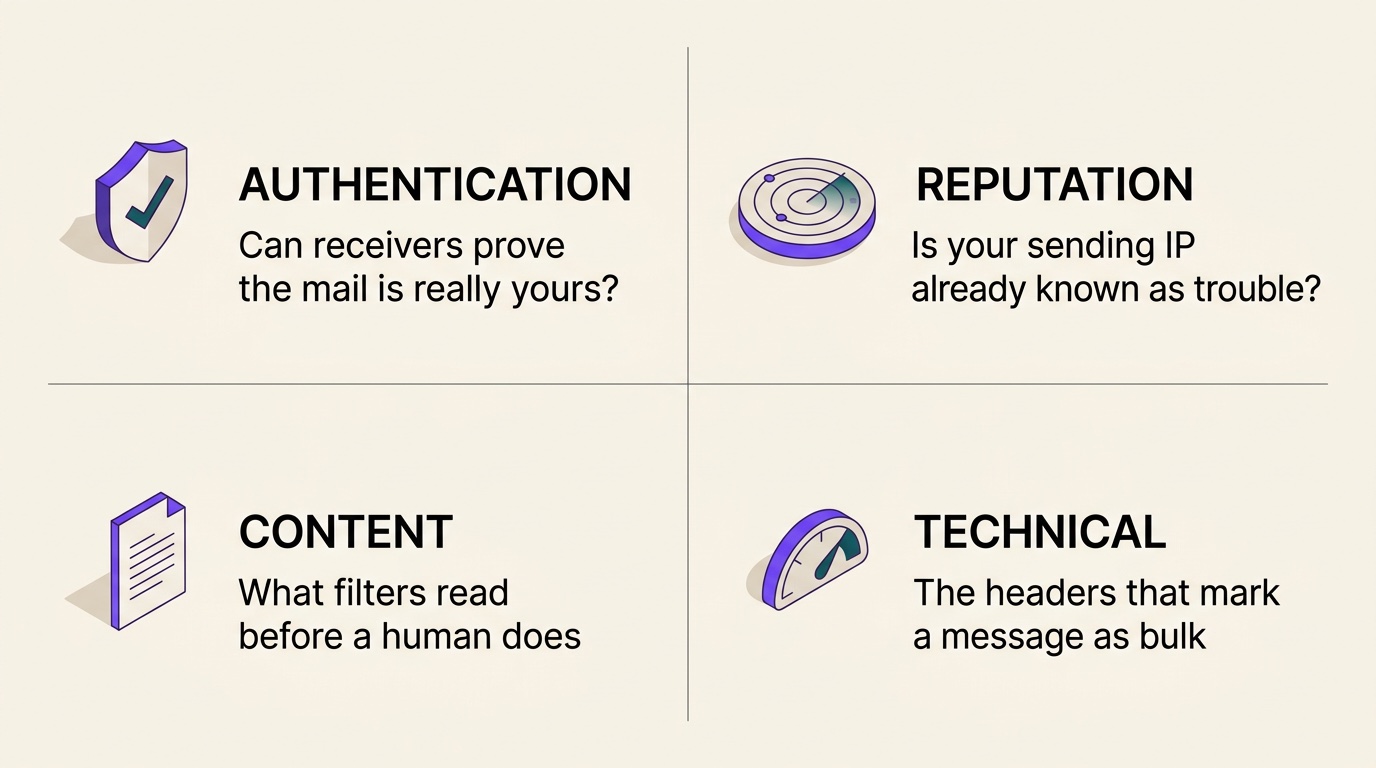 Four categories of check. Authentication: can receivers prove the mail is really yours? Reputation: is your sending IP already known as trouble? Content: what filters read before a human does. Technical: the headers that mark a message as bulk.
