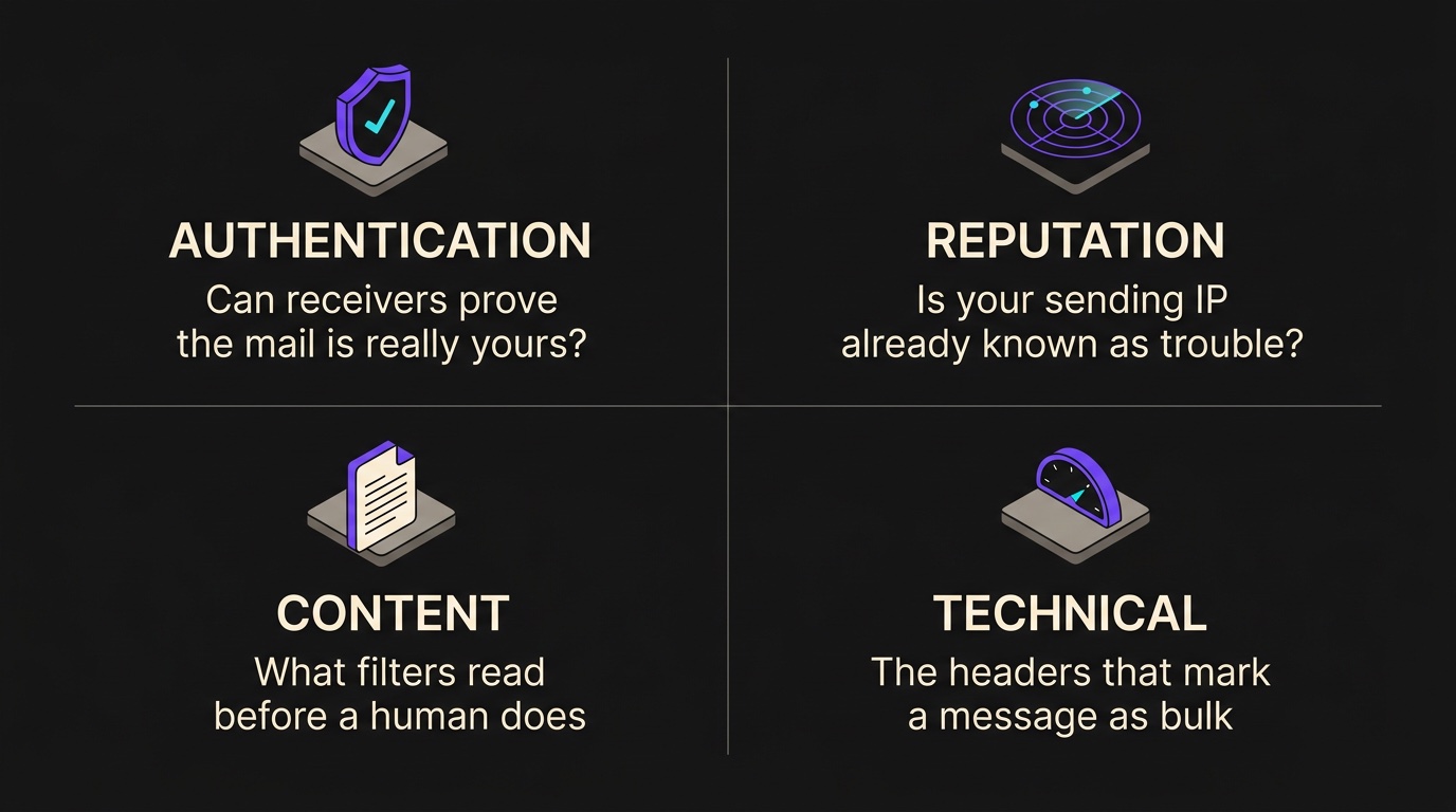 Four categories of check. Authentication: can receivers prove the mail is really yours? Reputation: is your sending IP already known as trouble? Content: what filters read before a human does. Technical: the headers that mark a message as bulk.