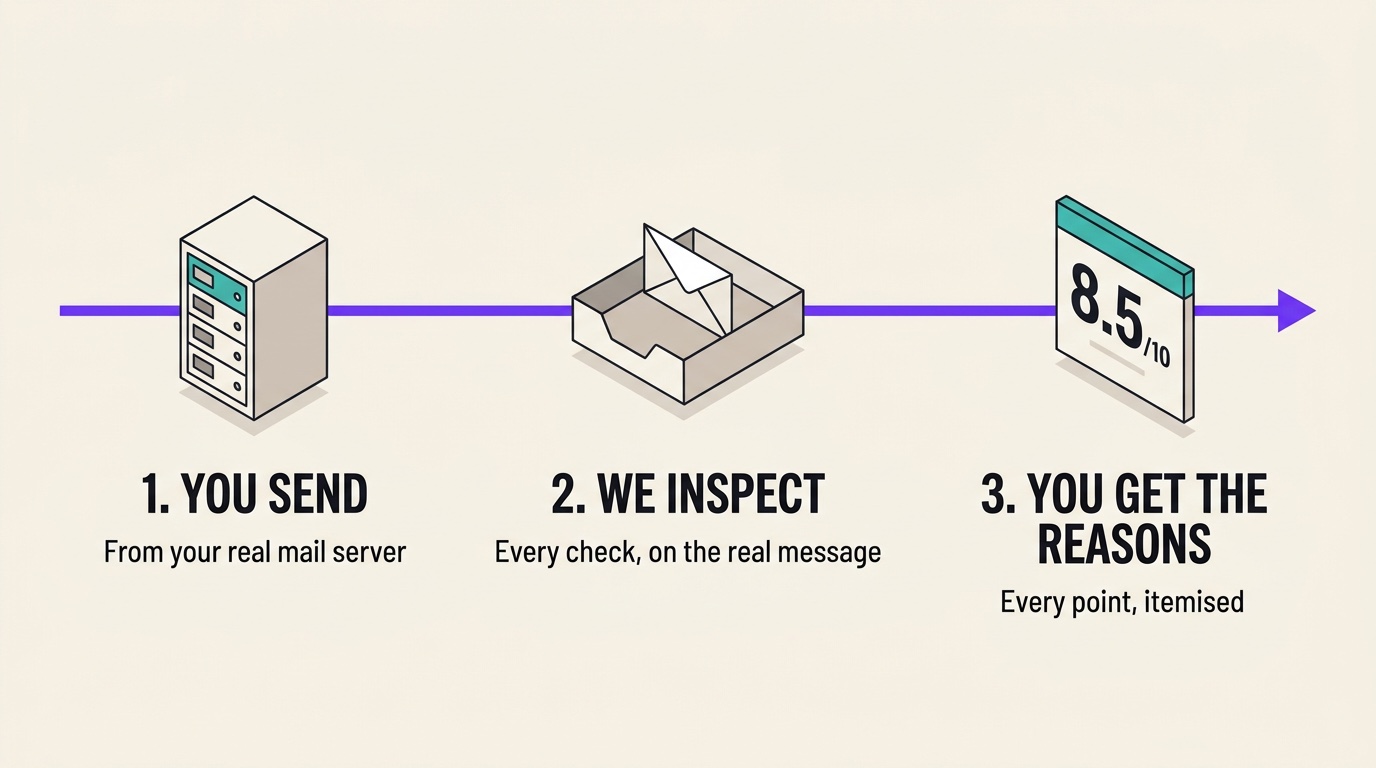 Three steps. One: you send, from your real mail server. Two: we inspect, running every check on the real message. Three: you get the reasons, with every point itemised and a score out of ten.