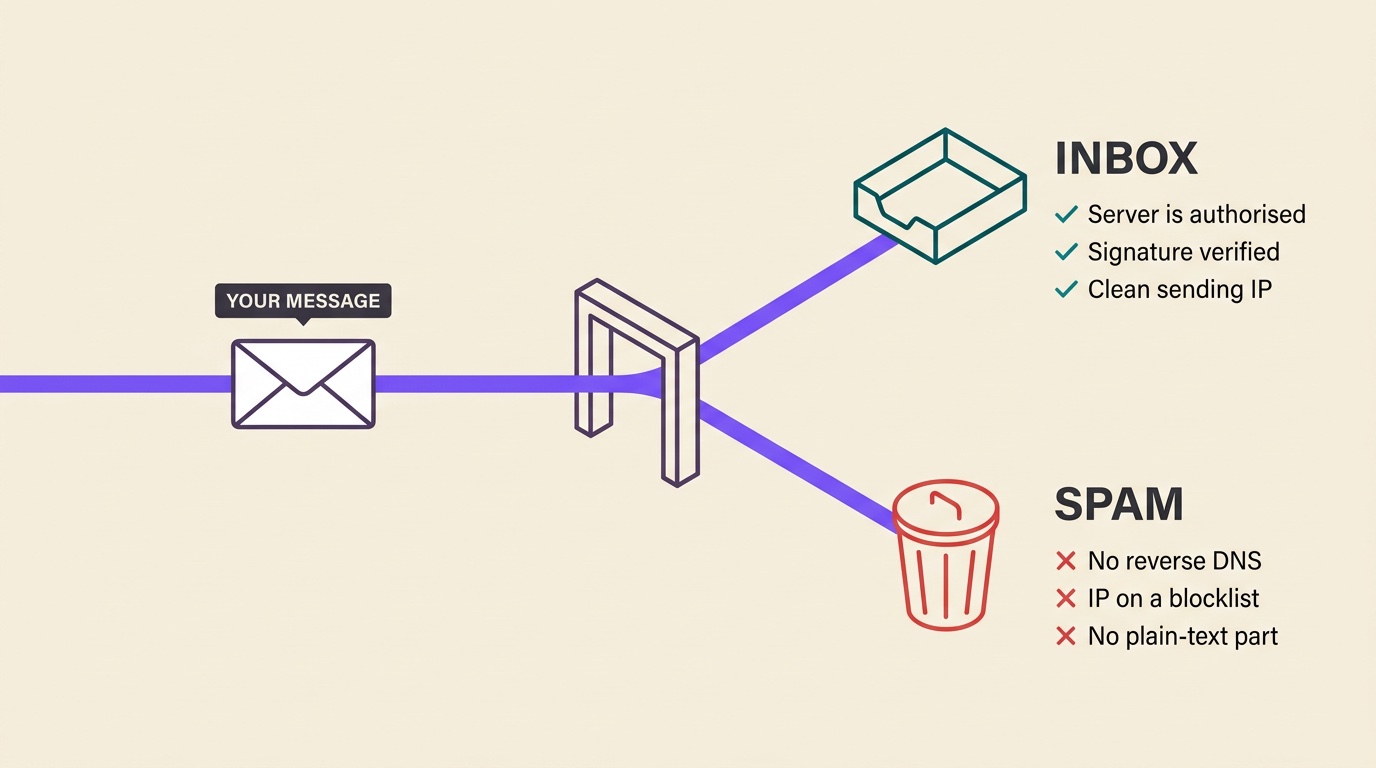 A message reaching a receiving mail server and being sorted one of two ways. It reaches the inbox when the sending server is authorised, the signature verifies and the sending IP is clean; it is filtered as spam when there is no reverse DNS, the IP is on a blocklist, or there is no plain-text part.