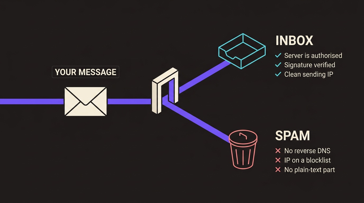 A message reaching a receiving mail server and being sorted one of two ways. It reaches the inbox when the sending server is authorised, the signature verifies and the sending IP is clean; it is filtered as spam when there is no reverse DNS, the IP is on a blocklist, or there is no plain-text part.