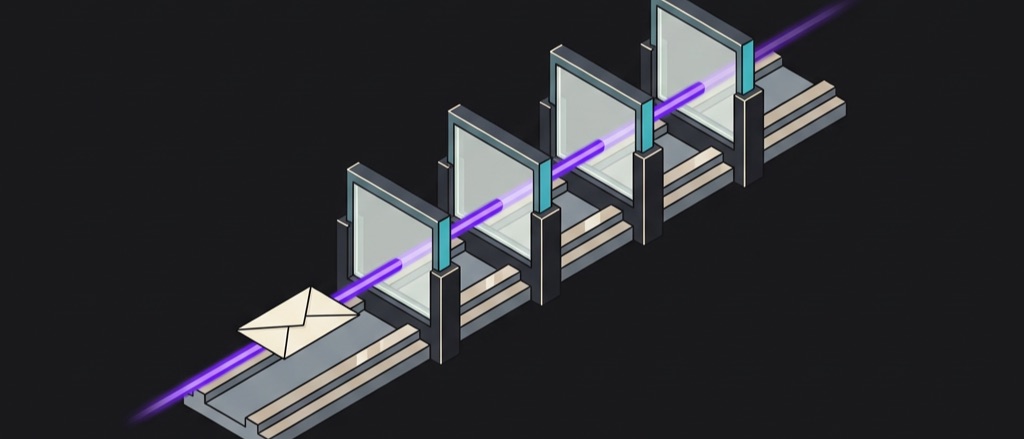 A message on a machined bench, carried by a beam of violet light through five upright glass inspection plates. The beam is bright where it enters and faint where it leaves.